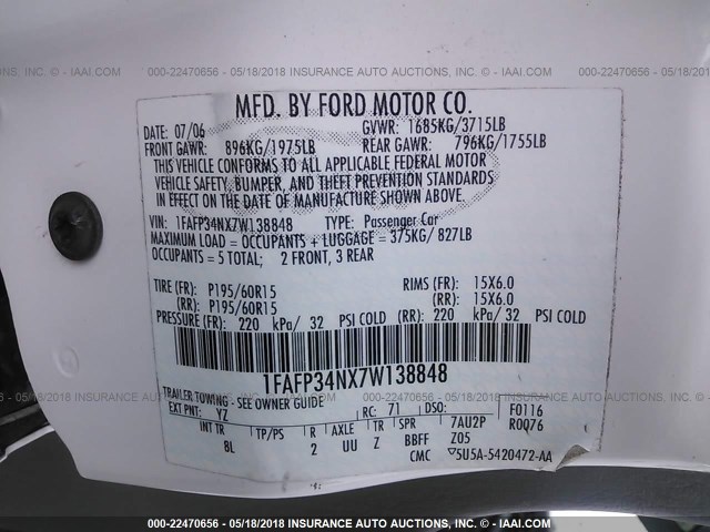 1FAFP34NX7W138848 - 2007 FORD FOCUS ZX4/S/SE/SES 白色 照片 9