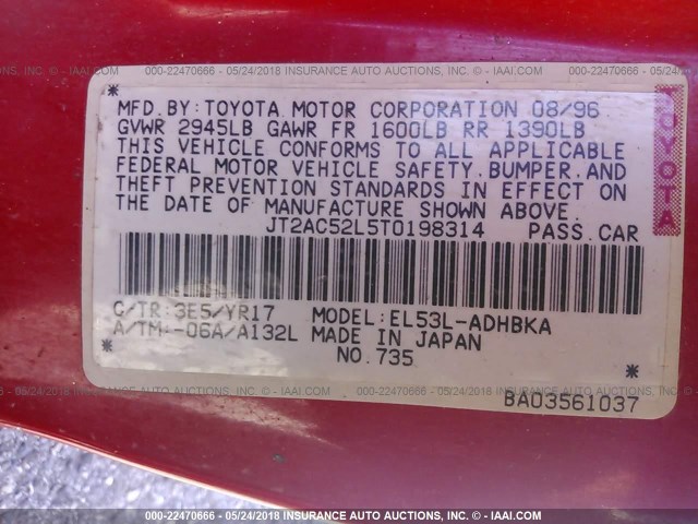 JT2AC52L5T0198314 - 1996 TOYOTA TERCEL STD/DX წითელი ფოტო 9