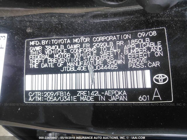 JTDBL40E19J044485 - 2009 TOYOTA COROLLA LE/XLE BLACK photo 9