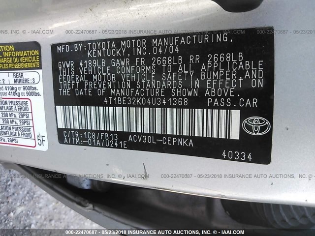 4T1BE32K04U341368 - 2004 TOYOTA CAMRY LE/XLE/SE SILVER photo 9