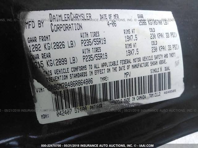 2A8GM78486R864806 - 2006 CHRYSLER PACIFICA LIMITED BLACK photo 9