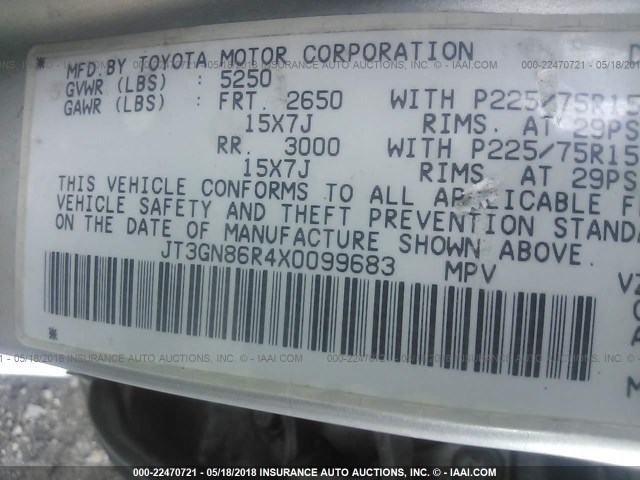 JT3GN86R4X0099683 - 1999 TOYOTA 4RUNNER SR5 SILVER photo 9