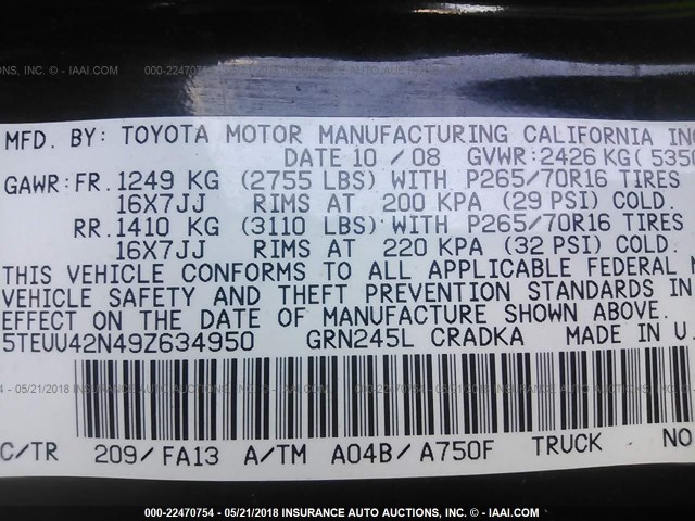 5TEUU42N49Z634950 - 2009 TOYOTA TACOMA ACCESS CAB Schwarz Foto 9