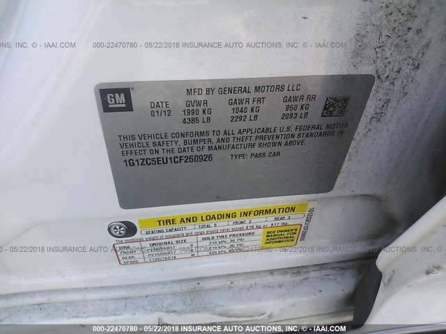 1G1ZC5EU1CF260926 - 2012 CHEVROLET MALIBU 1LT 白色 照片 9