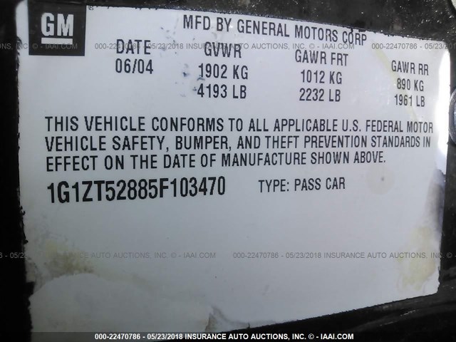 1G1ZT52885F103470 - 2005 CHEVROLET MALIBU LS 黑色 照片 9