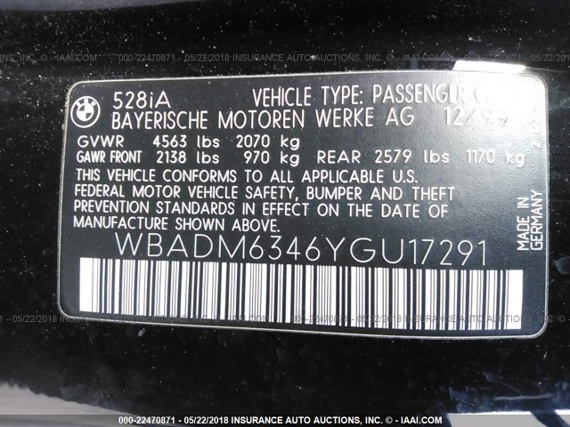 WBADM6346YGU17291 - 2000 BMW 528 I AUTOMATIC BLACK photo 9