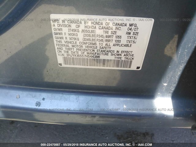 2HJYK16557H544386 - 2007 HONDA RIDGELINE RTL BLUE photo 9