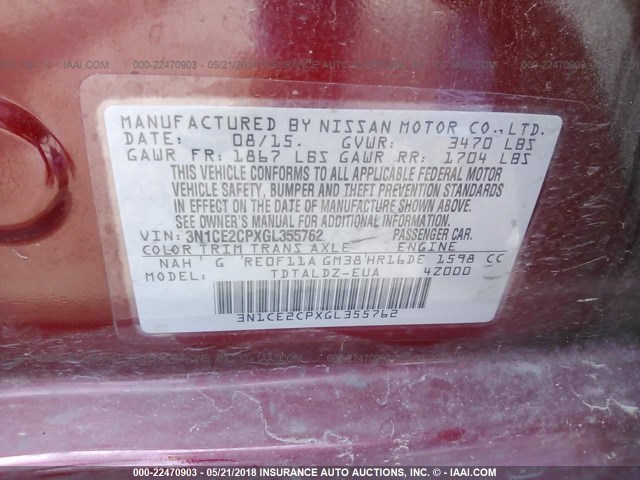 3N1CE2CPXGL355762 - 2016 NISSAN VERSA NOTE S/S PLUS/SV/SL/SR MAROON photo 9