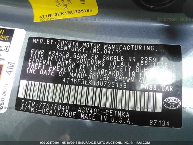 4T1BF3EK1BU735189 - 2011 TOYOTA CAMRY SE/LE/XLE ტურკოუსი ფოტო 9