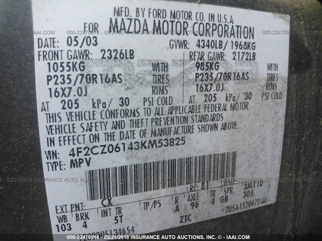 4F2CZ06143KM53825 - 2003 MAZDA TRIBUTE ES GRAY photo 9