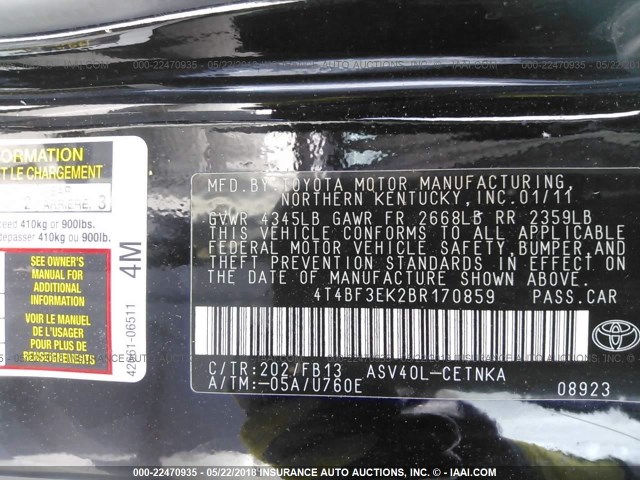 4T4BF3EK2BR170859 - 2011 TOYOTA CAMRY SE/LE/XLE 黑色 照片 9