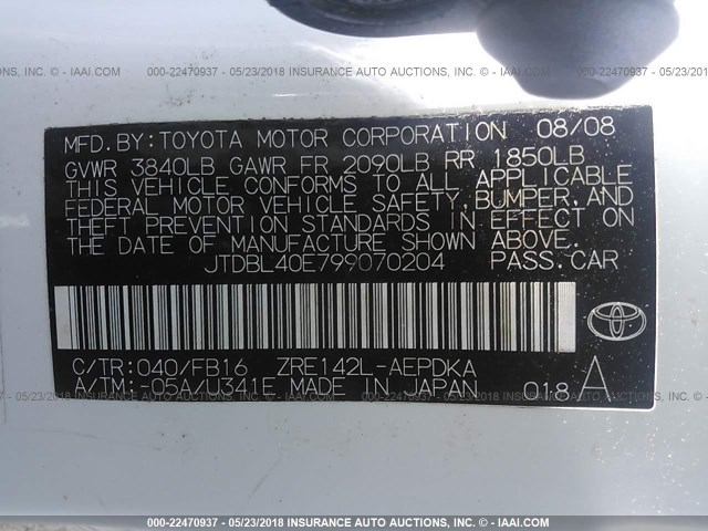 JTDBL40E799070204 - 2009 TOYOTA COROLLA LE/XLE WHITE photo 9