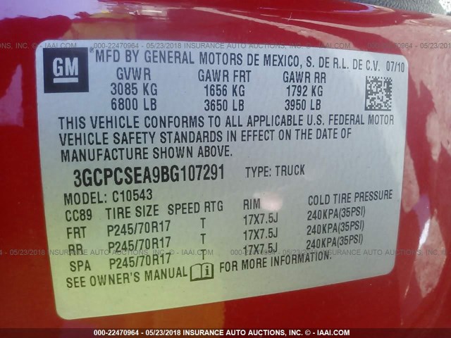 3GCPCSEA9BG107291 - 2011 CHEVROLET SILVERADO C1500 LT RED photo 9