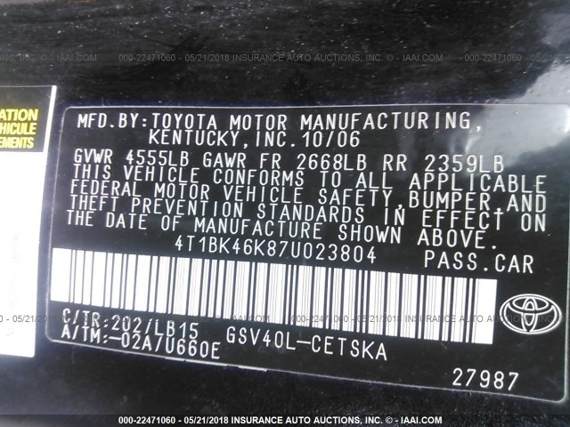 4T1BK46K87U023804 - 2007 TOYOTA CAMRY NEW GENERAT LE/XLE/SE BLACK photo 9