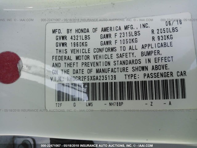 1HGCR2F5XGA235139 - 2016 HONDA ACCORD SPORT 白色 照片 9