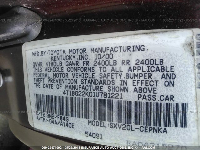4T1BG22K01U781221 - 2001 TOYOTA CAMRY CE/LE/XLE MAROON photo 9