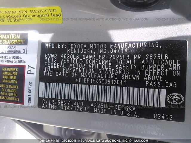 4T1BF1FK5EU812041 - 2014 TOYOTA CAMRY L/SE/LE/XLE 金色 照片 9