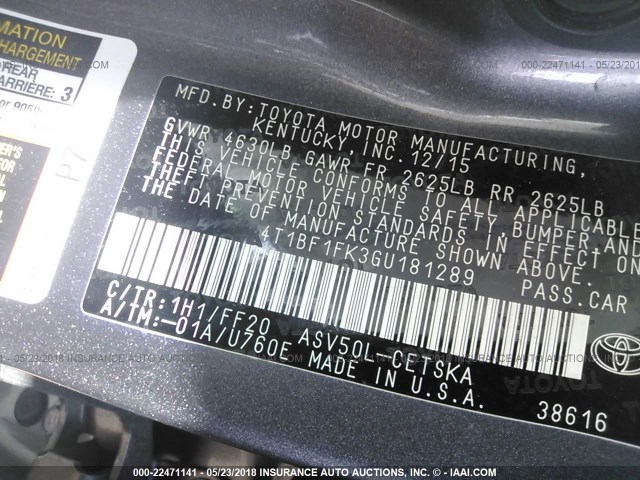 4T1BF1FK3GU181289 - 2016 TOYOTA CAMRY LE/XLE/SE/XSE 灰色 照片 9