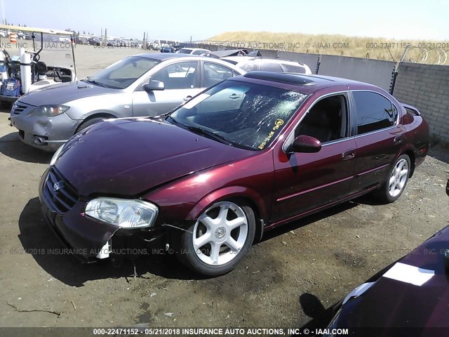 JN1CA31A11T309014 - 2001 NISSAN MAXIMA GXE/SE/GLE/20TH ANNIV MAROON photo 2