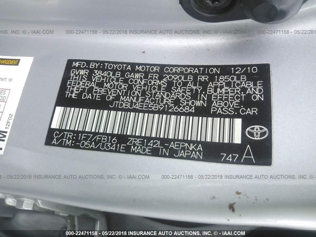 JTDBU4EE5B9126684 - 2011 TOYOTA COROLLA S/LE SILVER photo 9