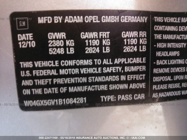 W04GX5GV1B1084281 - 2011 BUICK REGAL CXL CREAM photo 9