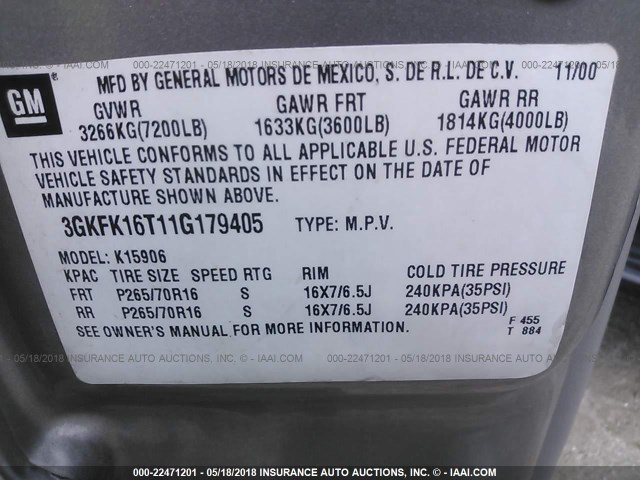 3GKFK16T11G179405 - 2001 GMC YUKON XL K1500 Pewter photo 9