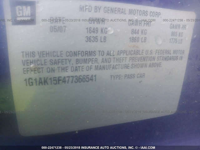 1G1AK15F477366541 - 2007 CHEVROLET COBALT LS BLUE photo 9