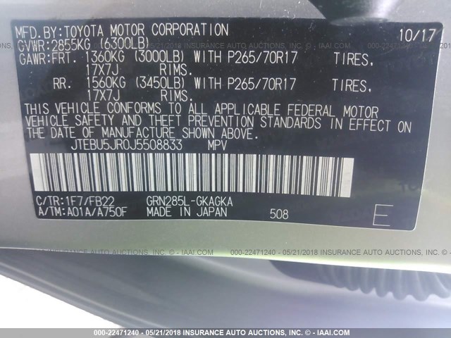 JTEBU5JR0J5508833 - 2018 TOYOTA 4RUNNER SR5 PREM/LTDL/TRAIL/TRD SILVER photo 9