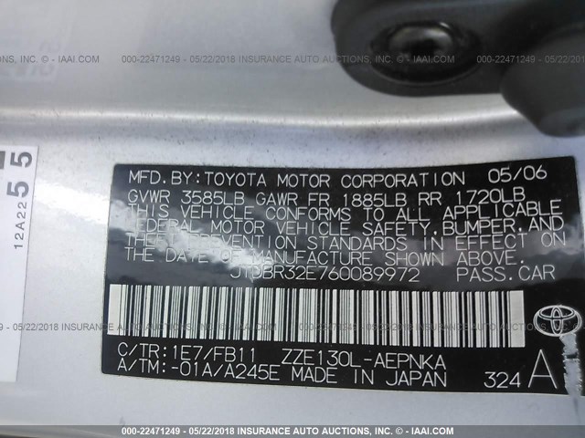 JTDBR32E760089972 - 2006 TOYOTA COROLLA CE/LE SILVER photo 9