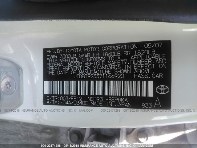 JTDBT923371166920 - 2007 TOYOTA YARIS WHITE photo 9