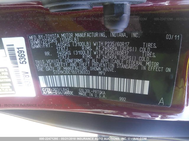 5TDYK3DC1BS136933 - 2011 TOYOTA SIENNA XLE/LIMITED BURGUNDY photo 9