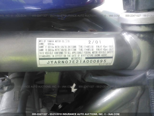 JYARN07E21A000695 - 2001 YAMAHA FZS10 BLUE photo 10