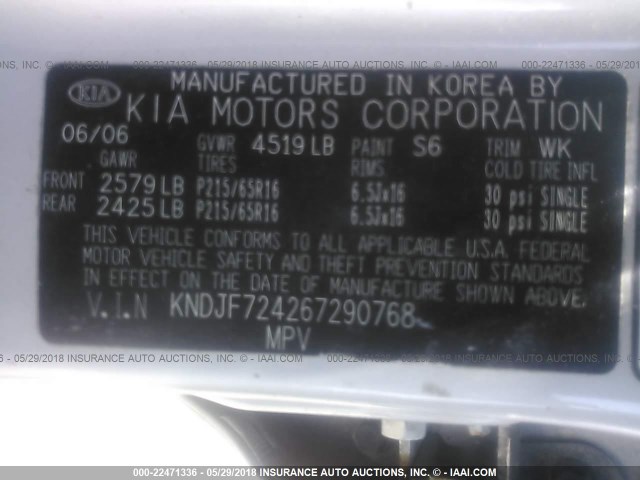 KNDJF724267290768 - 2006 KIA NEW SPORTAGE  SILVER photo 9