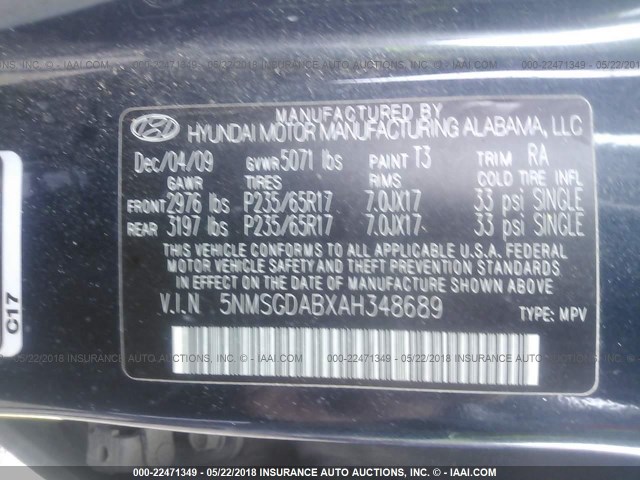 5NMSGDABXAH348689 - 2010 HYUNDAI SANTA FE GLS BLUE photo 9