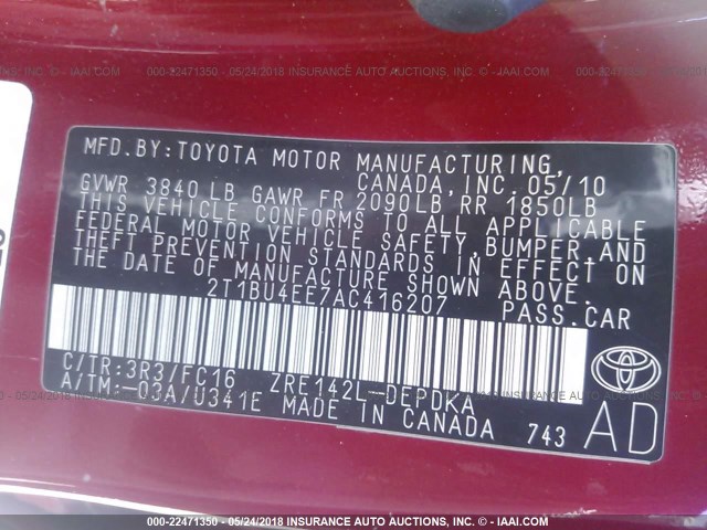 2T1BU4EE7AC416207 - 2010 TOYOTA COROLLA S/LE/XLE RED photo 9