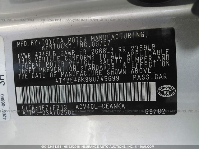 4T1BE46K88U745699 - 2008 TOYOTA CAMRY CE/LE/XLE/SE SILVER photo 9
