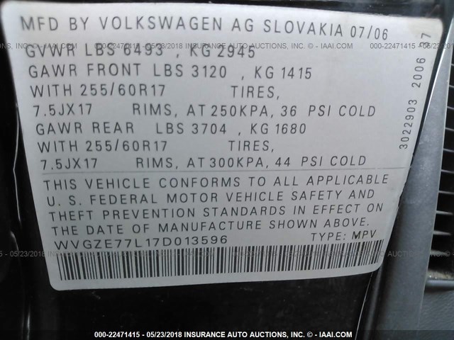 WVGZE77L17D013596 - 2007 VOLKSWAGEN TOUAREG V6 BLACK photo 9