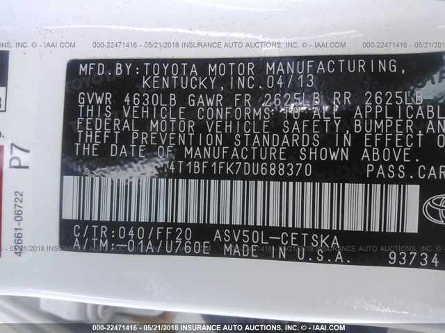 4T1BF1FK7DU688370 - 2013 TOYOTA CAMRY L/SE/LE/XLE Ağ foto 9