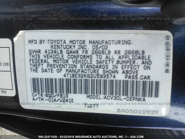 4T1BE32K62U593574 - 2002 TOYOTA CAMRY LE/XLE/SE ნაცრისფერი ფოტო 9