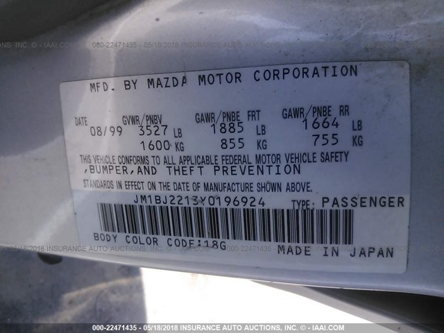 JM1BJ2213Y0196924 - 2000 MAZDA PROTEGE ES 银色 照片 9