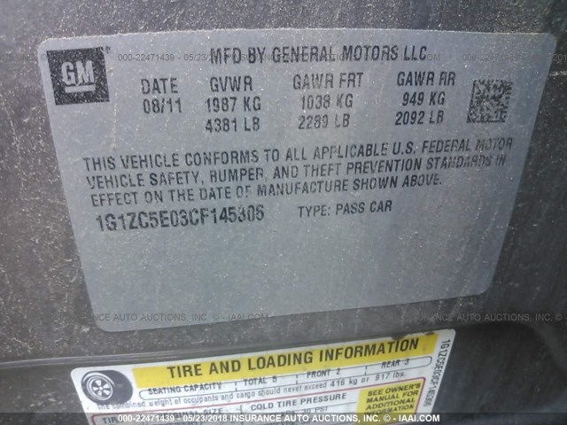 1G1ZC5E03CF145306 - 2012 CHEVROLET MALIBU 1LT GRAY photo 9