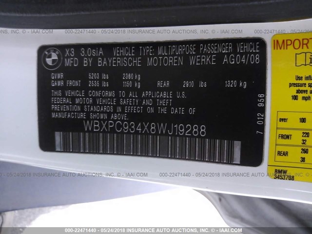 WBXPC934X8WJ19288 - 2008 BMW X3 3.0SI WHITE photo 9