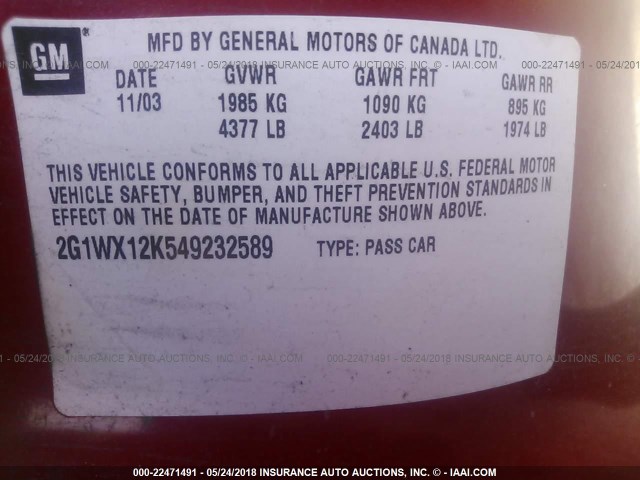 2G1WX12K549232589 - 2004 CHEVROLET MONTE CARLO SS RED photo 9