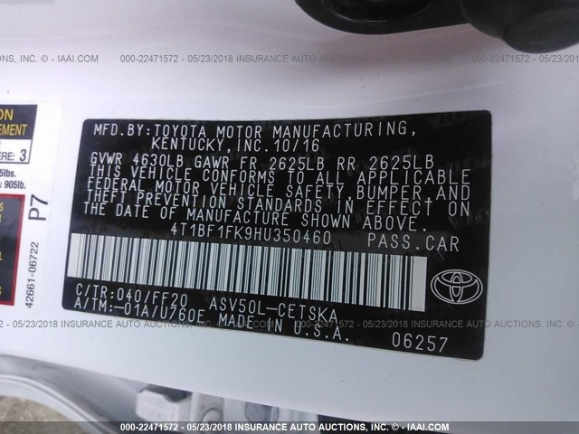 4T1BF1FK9HU350460 - 2017 TOYOTA CAMRY LE/XLE/SE/XSE WHITE photo 9