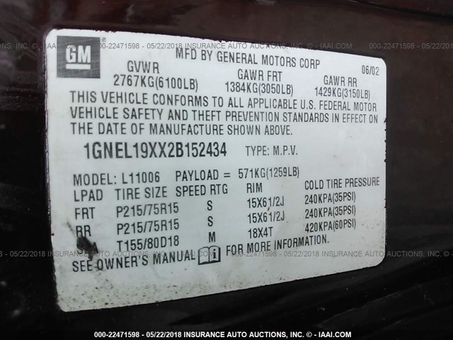 1GNDM19W51B106945 - 2001 CHEVROLET ASTRO RED photo 9