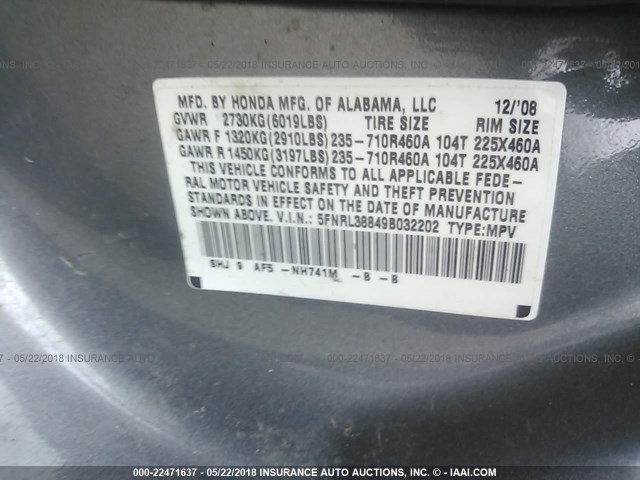 5FNRL38849B032202 - 2009 HONDA ODYSSEY TOURING GRAY photo 9