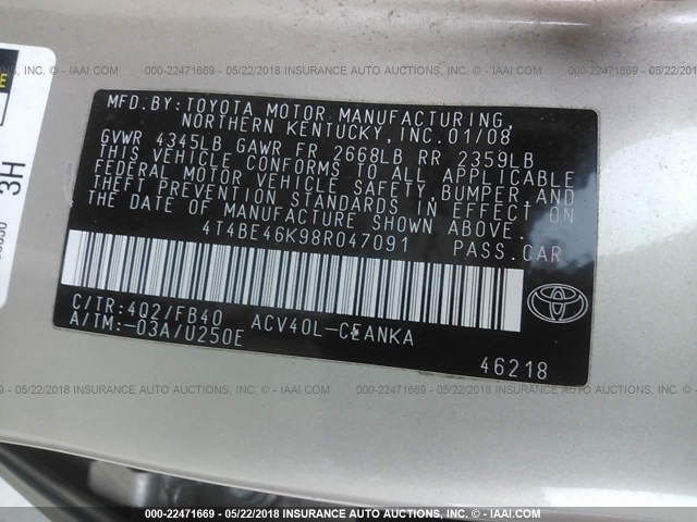 4T4BE46K98R047091 - 2008 TOYOTA CAMRY CE/LE/XLE/SE GOLD photo 9