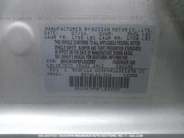 3N1CN7AP8FL833207 - 2015 NISSAN VERSA S/S PLUS/SV/SL SILVER photo 9