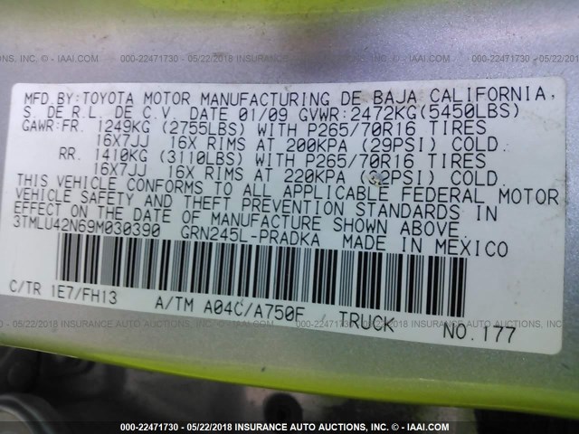 3TMLU42N69M030390 - 2009 TOYOTA TACOMA DOUBLE CAB SILVER photo 9