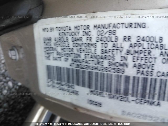 4T1BG22K6WU282589 - 1998 TOYOTA CAMRY CE/LE/XLE 棕色 照片 9